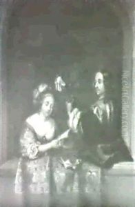 Interior Scene With Man And Woman At A Window by Caspar Netscher