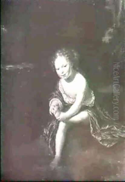Portrait Of A Girl By A Fountain, Seated Small Full Length, Wearing A Blue Wrap, In A Park - view 1