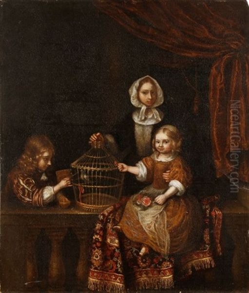 Deux Enfants Avec Une Cage A Oiseaux - view 1