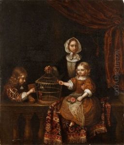 Deux Enfants Avec Une Cage A Oiseaux by Constantyn Netscher