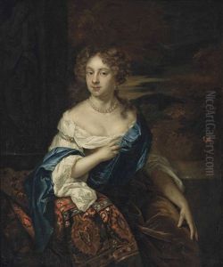 Portrait Of A Lady, Three-quarter-length, In A White Dress And A Blue Wrap, Seated Beside A Sculpture, A Wooded Landscape Beyond by Constantyn Netscher