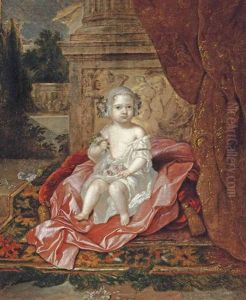 Portrait Of A Boy, Full-length, Holding Flowers In His Right Hand, Sitting On A Pink Drape, Beside A Column Portrait Of A Boy, Full-length, Holding Flowers In His Right Hand, Sitting On A Pink Drape, Beside A Column