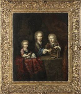 Kindergruppe, Hinter Einer Balustrade Mit Rechts Zusammengeschobenem Orientteppich Ein Kleines Madchen Mit Einem Hund Und Zwei Knaben Mit Einem Vogelkafig by Constantyn Netscher