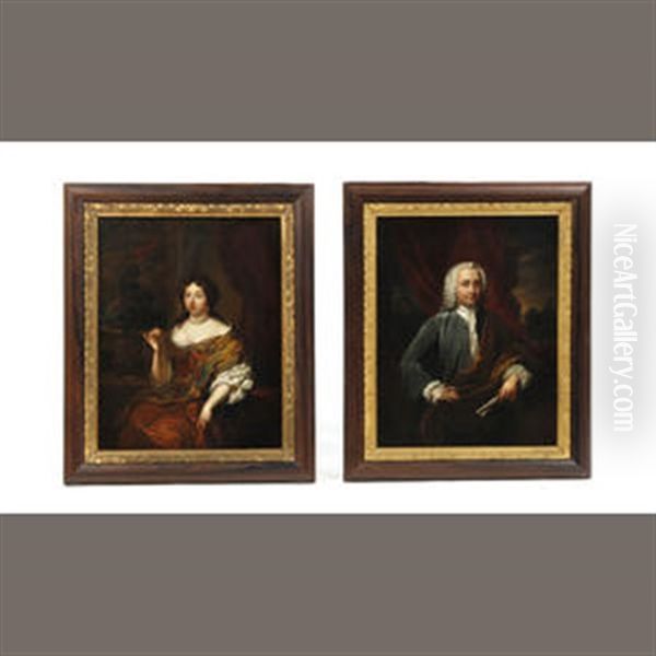A Portrait Of A Lady Wearing Brown Dress And Pearl Necklace And Another Of A Gentleman Wearing A Wig (a Pair) - view 1