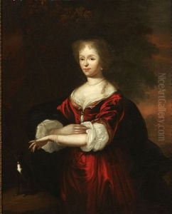 Portrait Of A Lady In Red Dress With A Dog by Constantyn Netscher
