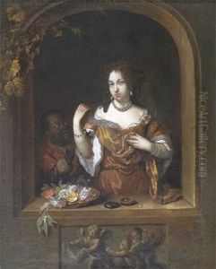 A Lady Selling Jewellery At A Window With Her Attendant At Her Side