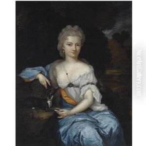 Portrait Of A Young Woman, Seated, Wearing A Blue And White Dress, With A Dog, In A Park Setting