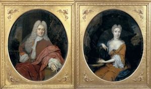 Portrait D'homme Accoude (+ Portrait De Dame Pres D'une Fontaine; Pair) by Constantyn Netscher