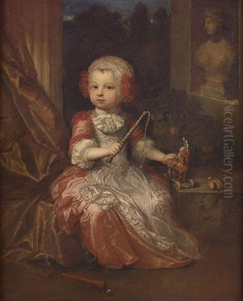 Portrait Of A Young Boy, In A Salmon Coloured Gown With A Lace Trimmed Apron, And A Lace Bonnet, Holding A Crop And A Toy Horse, By A Partially Draped Column, A View To A Garden Beyond - view 1