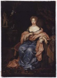 Portrait Of A Lady Seated In An Interior Wearing A Blue Silk Dress With A Pink Silk Shawl by Constantyn Netscher