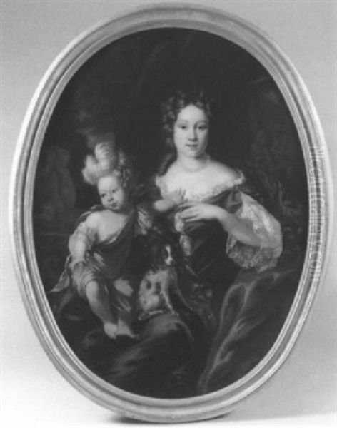 Portrait D'une Jeune Mere Avec Son Fils Et Leur Chien - view 1