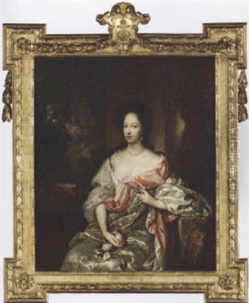 Portrait Of A Lady Seated Before A Fountain, Holding A Posy Of Roses - view 1