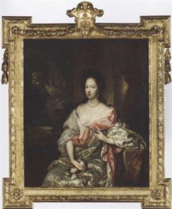 Portrait Of A Lady Seated Before A Fountain, Holding A Posy Of Roses