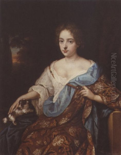 Portrait Of A Lady Wearing A Brown Embroidered Dress And Blue Mantle - view 1