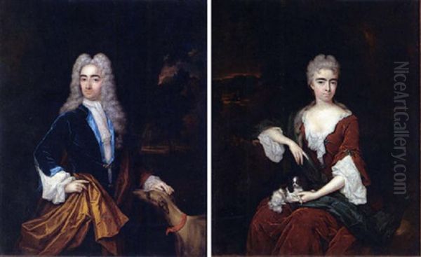 A Portrait Of A Gentleman (henry Bentinck, 2nd Earl Of Of Portland ?) Wearing A Blue Velvet Coat With A Brown Cloak - view 1