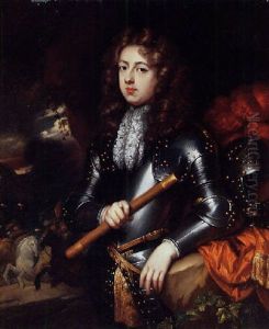 Portrait Of A Military Commander In Armour Holding A Baton, His Plumed Helmet On A Rock Nearby, A Cavalry Battle Beyond by Constantyn Netscher