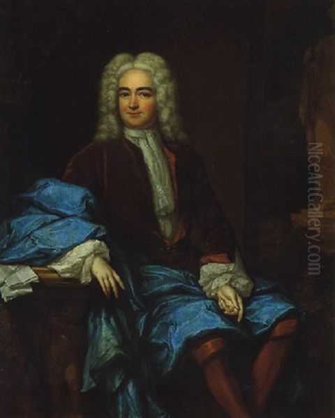 Portrait Of A Gentleman Wearing A Brown Jacket And Blue Mantle, His Hand Resting Upon A Stone Table - view 1