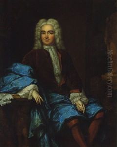 Portrait Of A Gentleman Wearing A Brown Jacket And Blue Mantle, His Hand Resting Upon A Stone Table