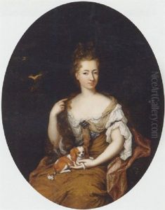Portrait Of A Noblewoman Seated In A Landscape, Wearing A Blue Lined, Ochre Silk Dress With Lace Chemise, Holding A Pet Dog On Her Lap