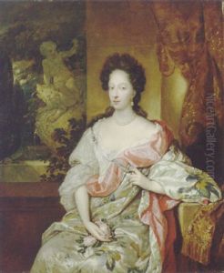 Portrait Of A Lady, Seated By A Casement Before A Fountain, Holding A Posy Of Roses In Her Lap