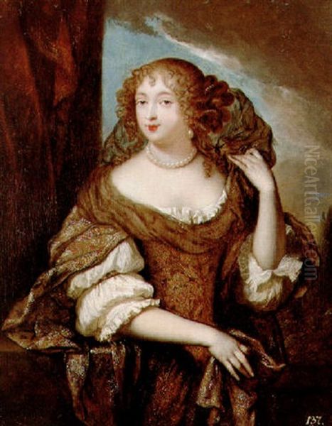 Portait Of A Lady Wearing A Brown Brocade Dress, Standing By A Curtain In A Landscape - view 1