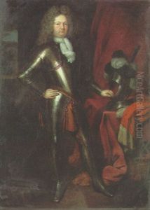 Portrait Of A Commander (comte De Martigny?) In Armour, His Helm On A Draped Table Beside Him