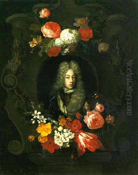 Portrait Of A Young Man Within A Cartouche Adorned With Flowers - view 1