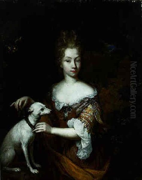 Portrait Of A Lady In A Landscape Putting A Collar On Her Dog - view 1