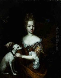 Portrait Of A Lady In A Landscape Putting A Collar On Her Dog by Constantyn Netscher