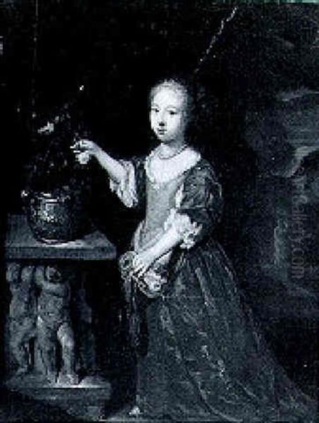 Portrait Of A Young Girl Holding A Rose Beside A Stone Plinth Carved With Putti, An Extensive Landscape Beyond - view 1