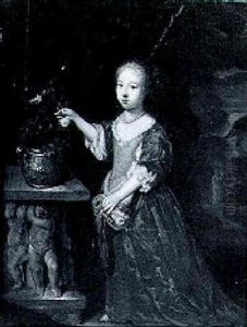 Portrait Of A Young Girl Holding A Rose Beside A Stone Plinth Carved With Putti, An Extensive Landscape Beyond thumbnail