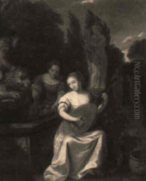 Lady With Lute In Classical Garden Setting Accompanied By Her Maid - view 1