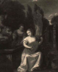 Lady With Lute In Classical Garden Setting Accompanied By Her Maid