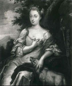 Portrait Of A Lady Seated Three-quarter Length As A         Shepherdess In A White Dress With An Orange Wrap... by Constantyn Netscher
