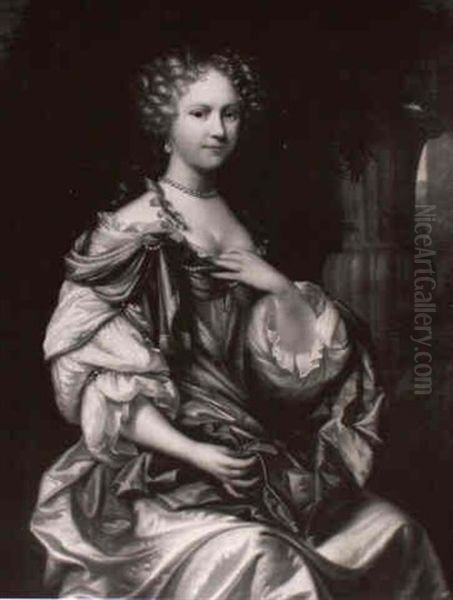 Portrait Of A Lady, Seated Three-quarter Length In A White Satin Dress With A Yellow Wrap,... - view 1