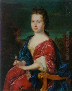 Portrait Of A Lady Wearing A Crimson Dress With A White Lace Bodice And Blue Wrap