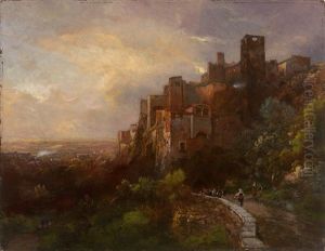 Abendlich Beleuchtete Stadt Im Apennin Mit Weitem Blick In Das Land. Figurenstaffage Auf Altem Weg by Louis (Ludwig) Neubert