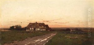 Strohgedecktes Bauerngehoft Mit Gansemagd In Weiter Abendlandschaft by Louis (Ludwig) Neubert