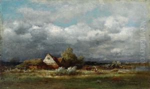 Besonnte Abendliche Landschaft Mit Malerischem Gehoft by Louis (Ludwig) Neubert