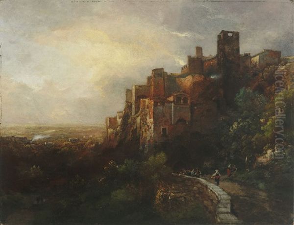 Abendlich Beleuchtete Stadt Im Apennin Mit Weitem Blick In Das Land. - view 1