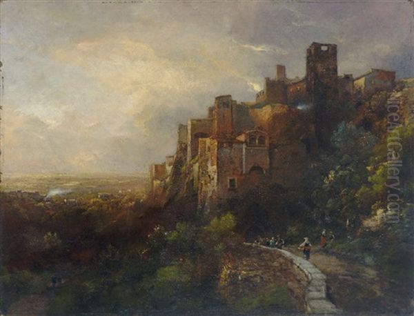 Abendlich Beleuchtete Stadt Im Apennin Mit Weitem Blick In Das Land - view 1