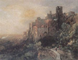 Malerisches Kastell Mit Burgtor Und Personenstaffage Malerisches Kastell Mit Burgtor Und Personenstaffage