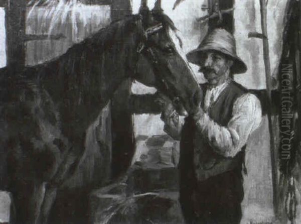 Bauer Mit Pferd Im Stall - view 1