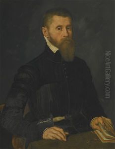 Portrait Of A Bearded Man, Half-length, Sitting At A Table And Holding An Open Book, With A Dagger At His Waist