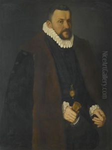 Portrait Of A Nobleman, Three-quarter Length, Wearing A Fur Lined Black Coat And A Salvator Mundi Medallion, And Holding A Pair Of Gloves
