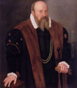 Portrait Of Andreas Imhoff, Chief Councillor Of Nuremberg, Standing Beside A Table, Wearing A Black Doublet And Gold Chains