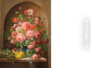 A Still Life Of Roses And Fruit In A Niche by Josef Neugebauer