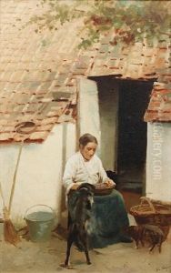Woman With A Dog And Cat Beside A Cottage by Albert Johan (Jan) Neuhuys