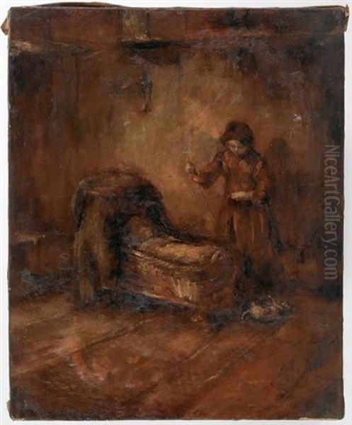A Young Girl Standing By A Cradle - view 1