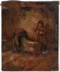 A Young Girl Standing By A Cradle by Albert Johan (Jan) Neuhuys